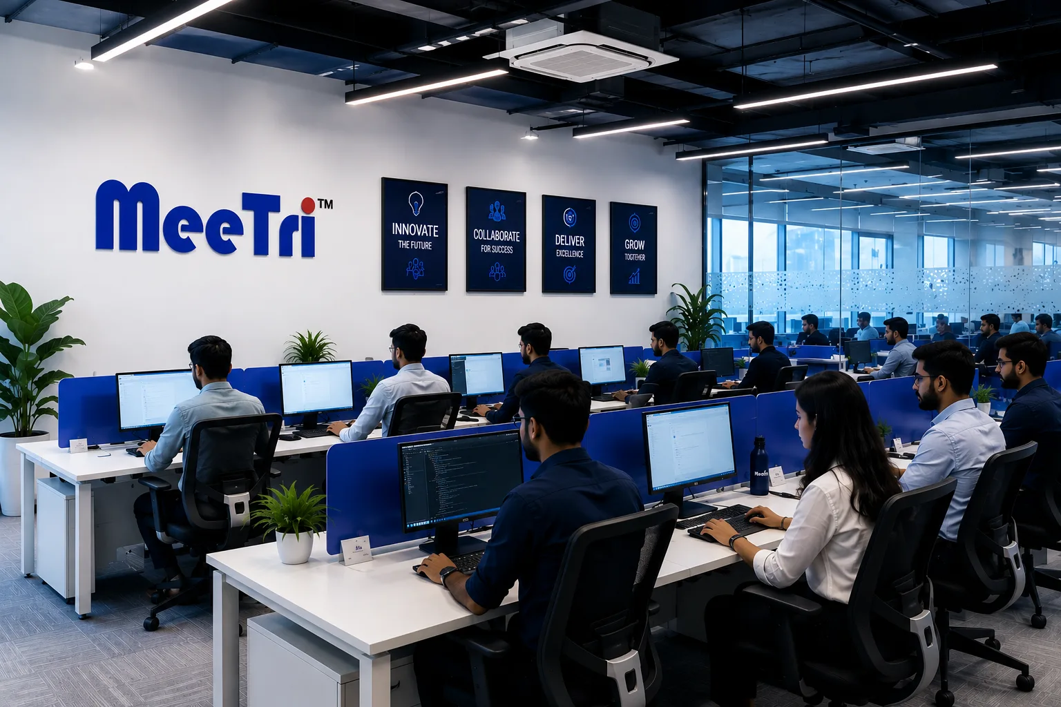 MeeTri Infotech team collaborating in a modern office environment
