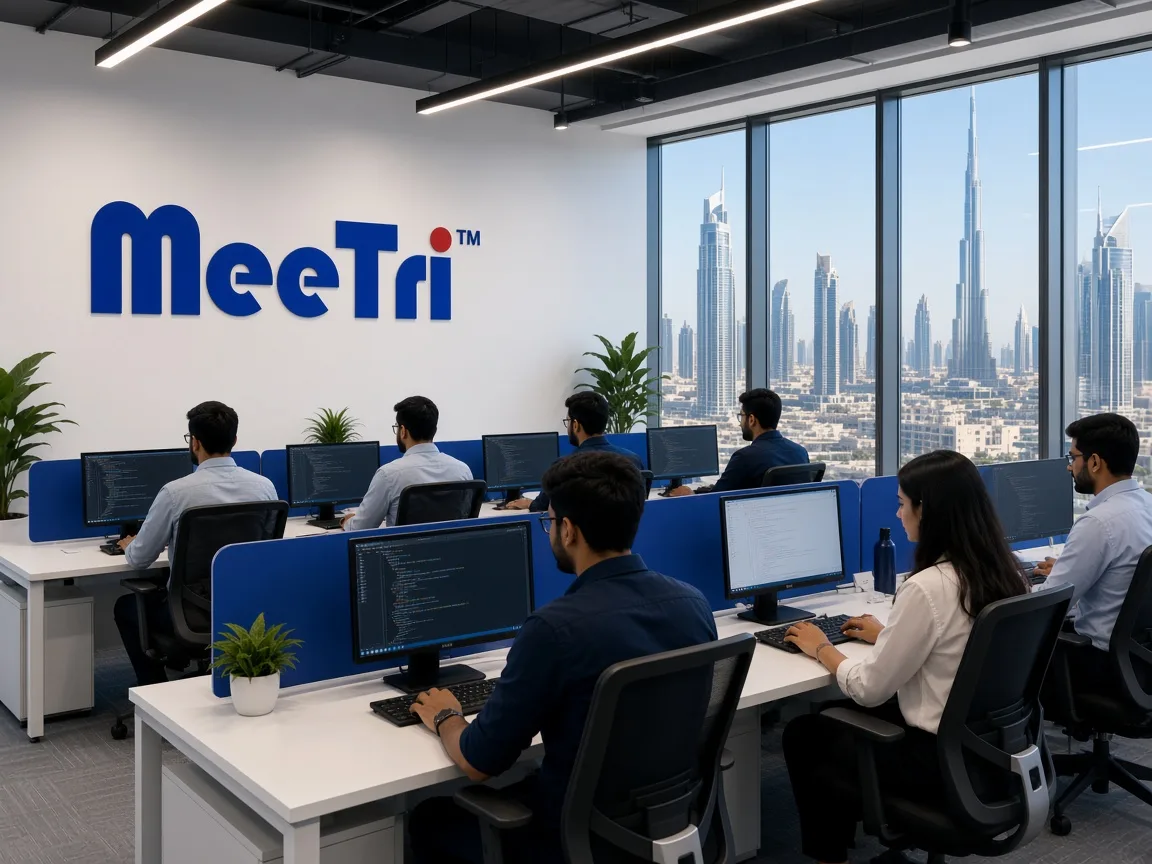 Meetri Infotech software team collaborating in a Dubai office overlooking the city skyline