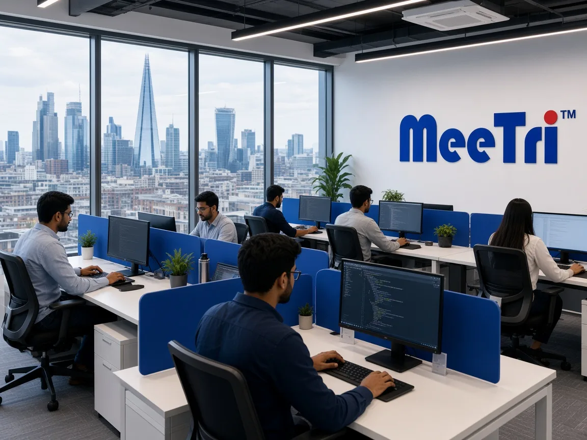 Meetri Infotech software team collaborating in a UK office overlooking the London skyline