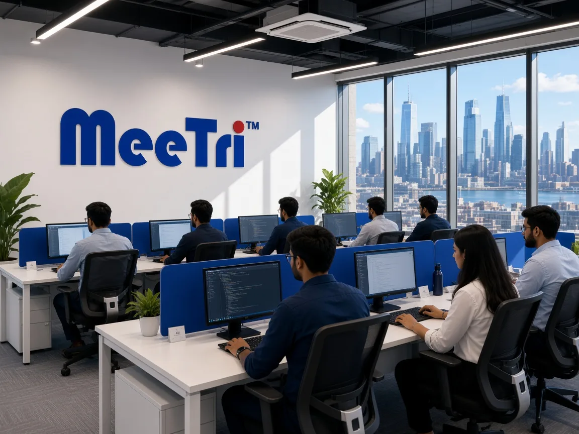 Meetri Infotech software team collaborating in a USA office overlooking the city skyline